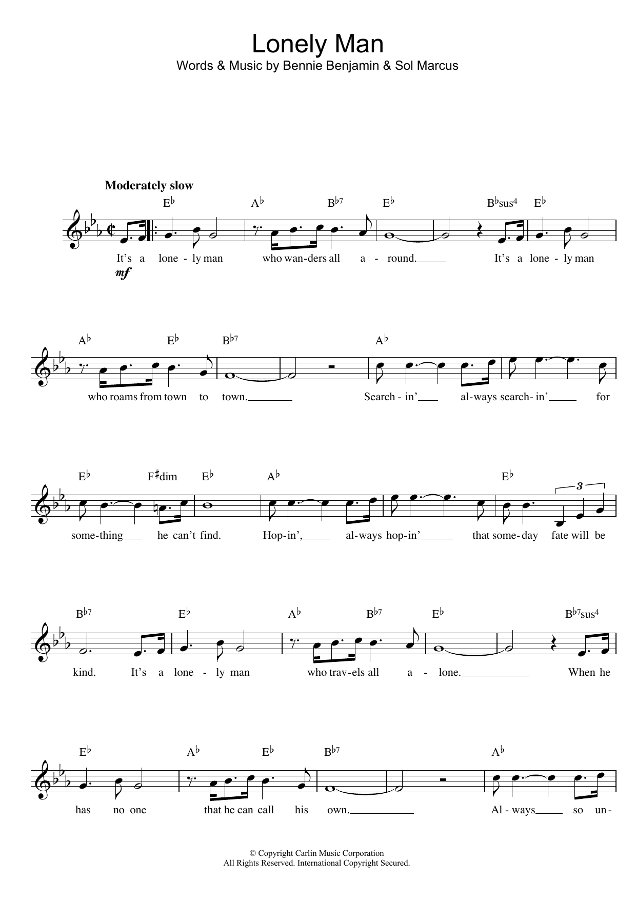 Bennie Benjamin and Sol Marcus Lonely Man sheet music notes and chords - Download Printable PDF and start playing in minutes.