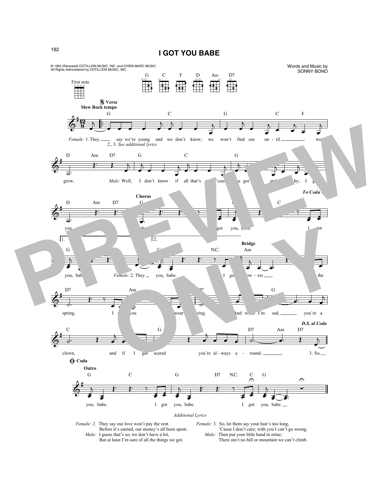 Sonny & Cher I Got You Babe sheet music notes and chords. Download Printable PDF.