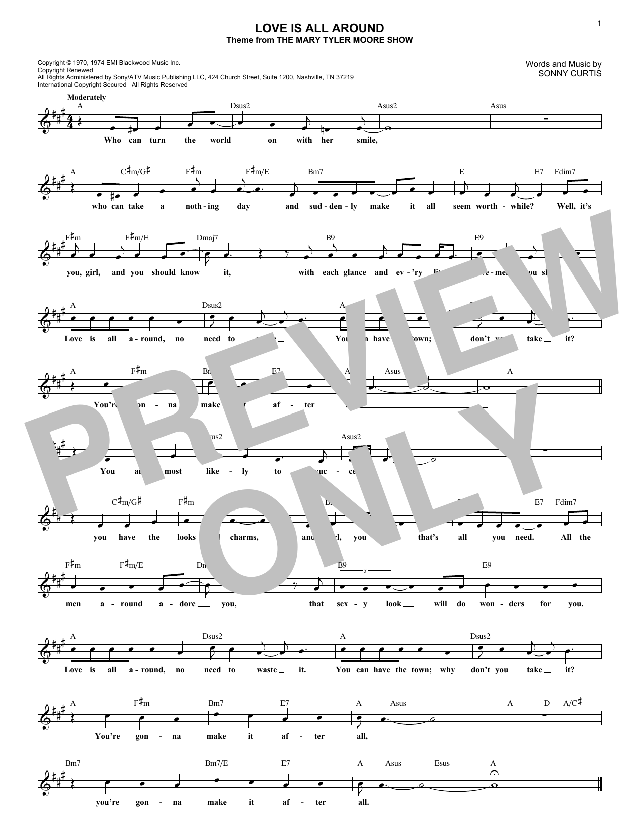 Learn to play Sonny Curtis Love Is All Around (from The Mary Tyler Moore Show) sheet music for Lead Sheet / Fake Book in minutes. Price: 5.9900$ Sonny Curtis Love Is All Around (from The Mary Tyler Moore Show) sheet music notes and chords arranged for Lead Sheet / Fake Book