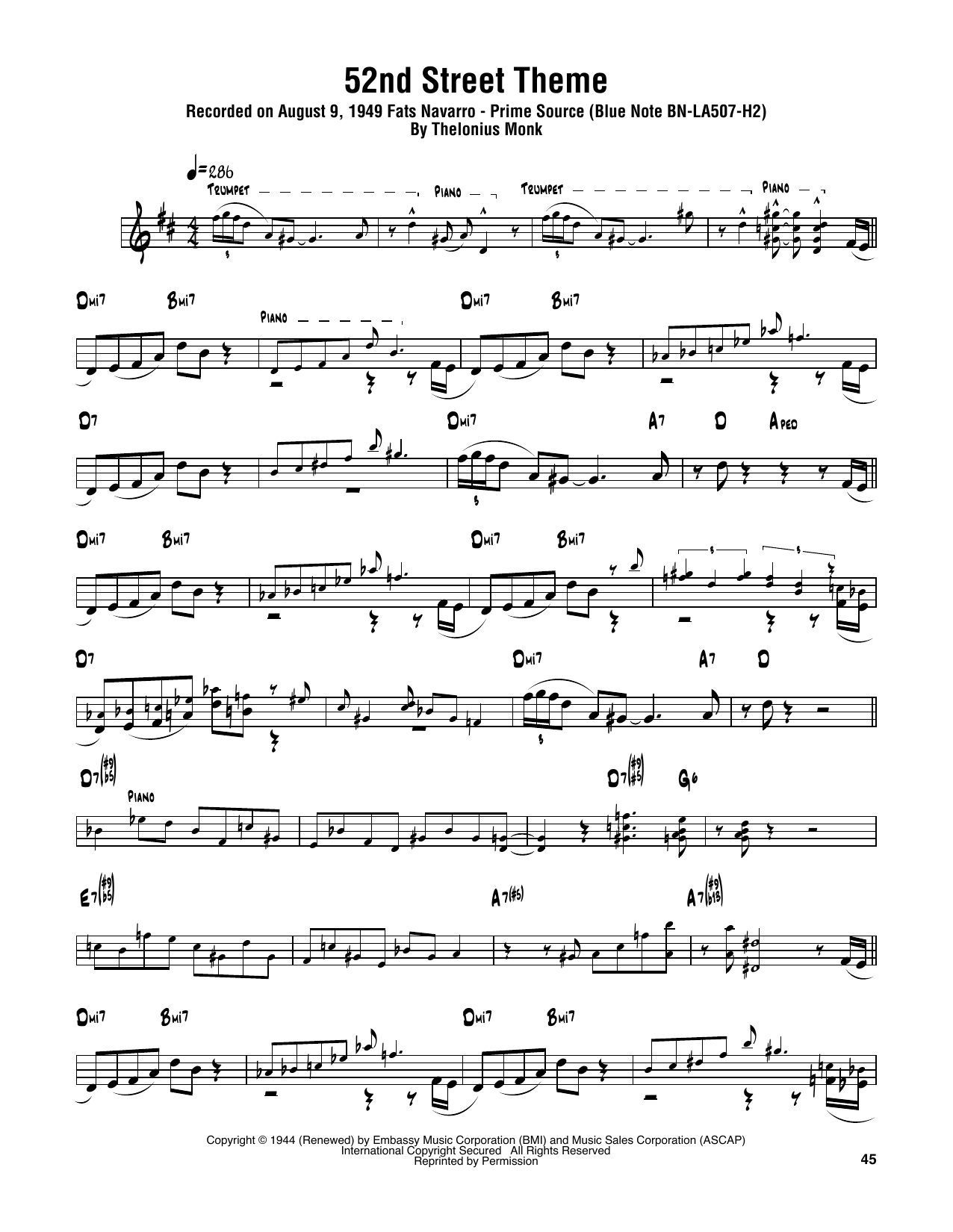 Sonny Rollins 52nd Street Theme sheet music notes and chords. Download Printable PDF.