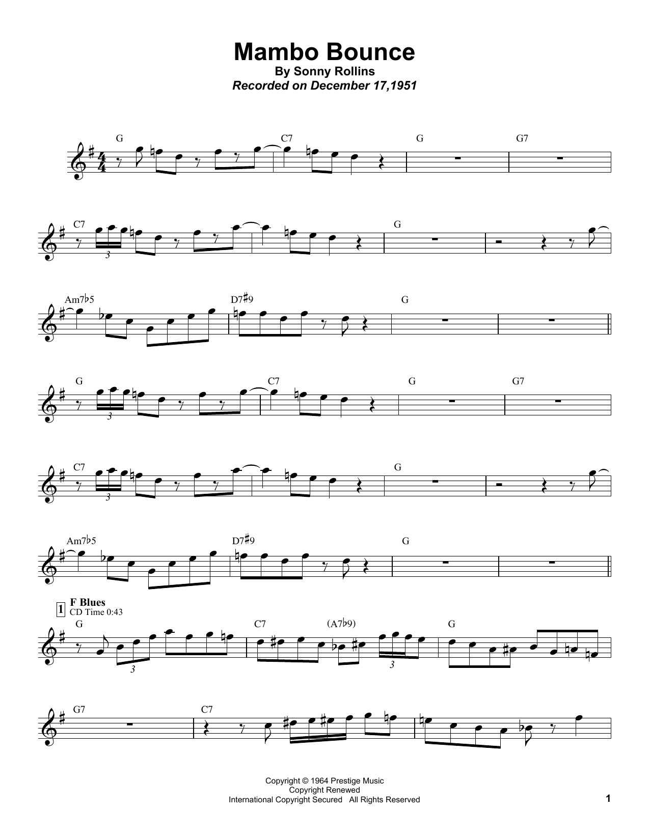 Sonny Rollins Mambo Bounce sheet music notes and chords. Download Printable PDF.