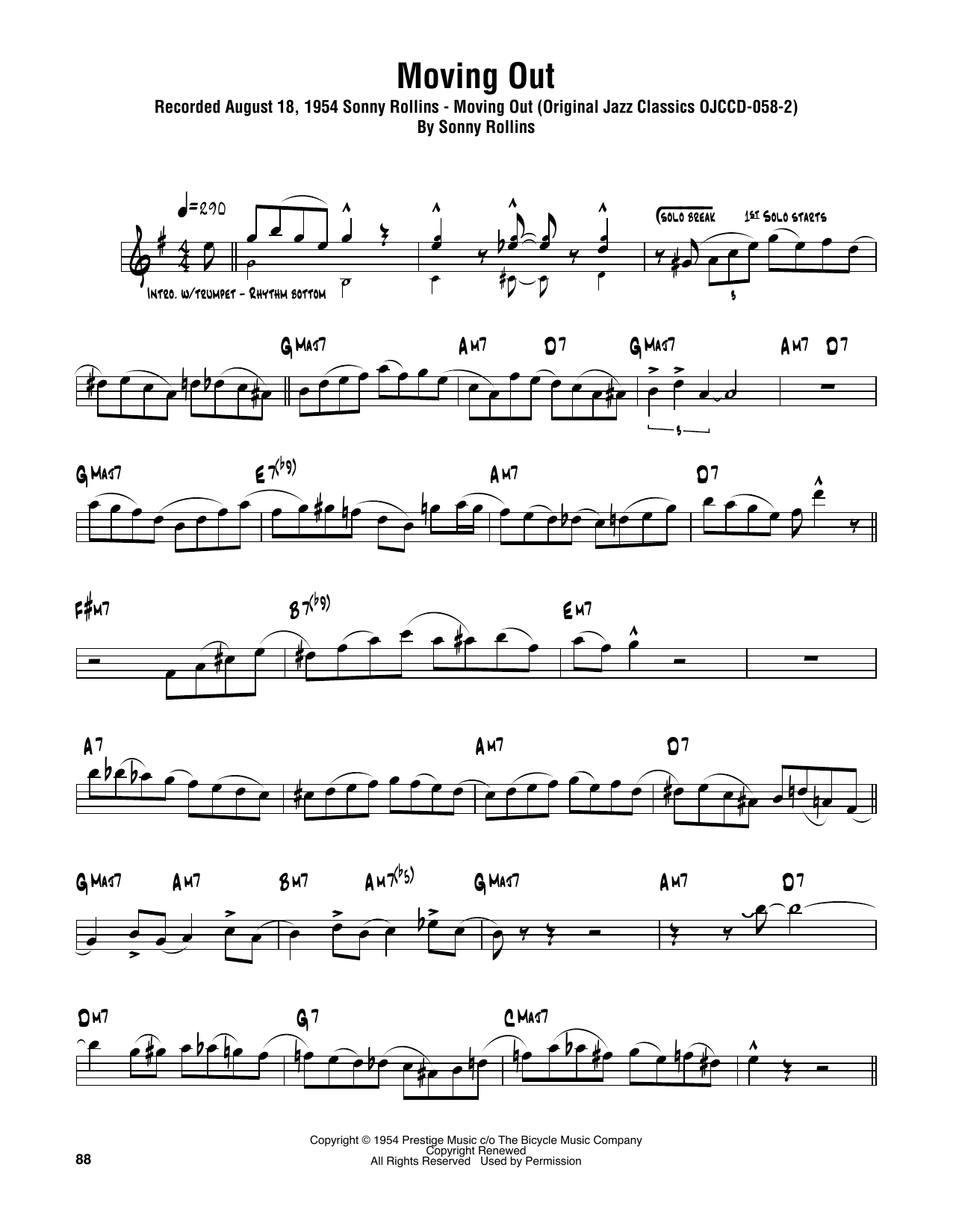 Sonny Rollins Moving Out sheet music notes and chords. Download Printable PDF.