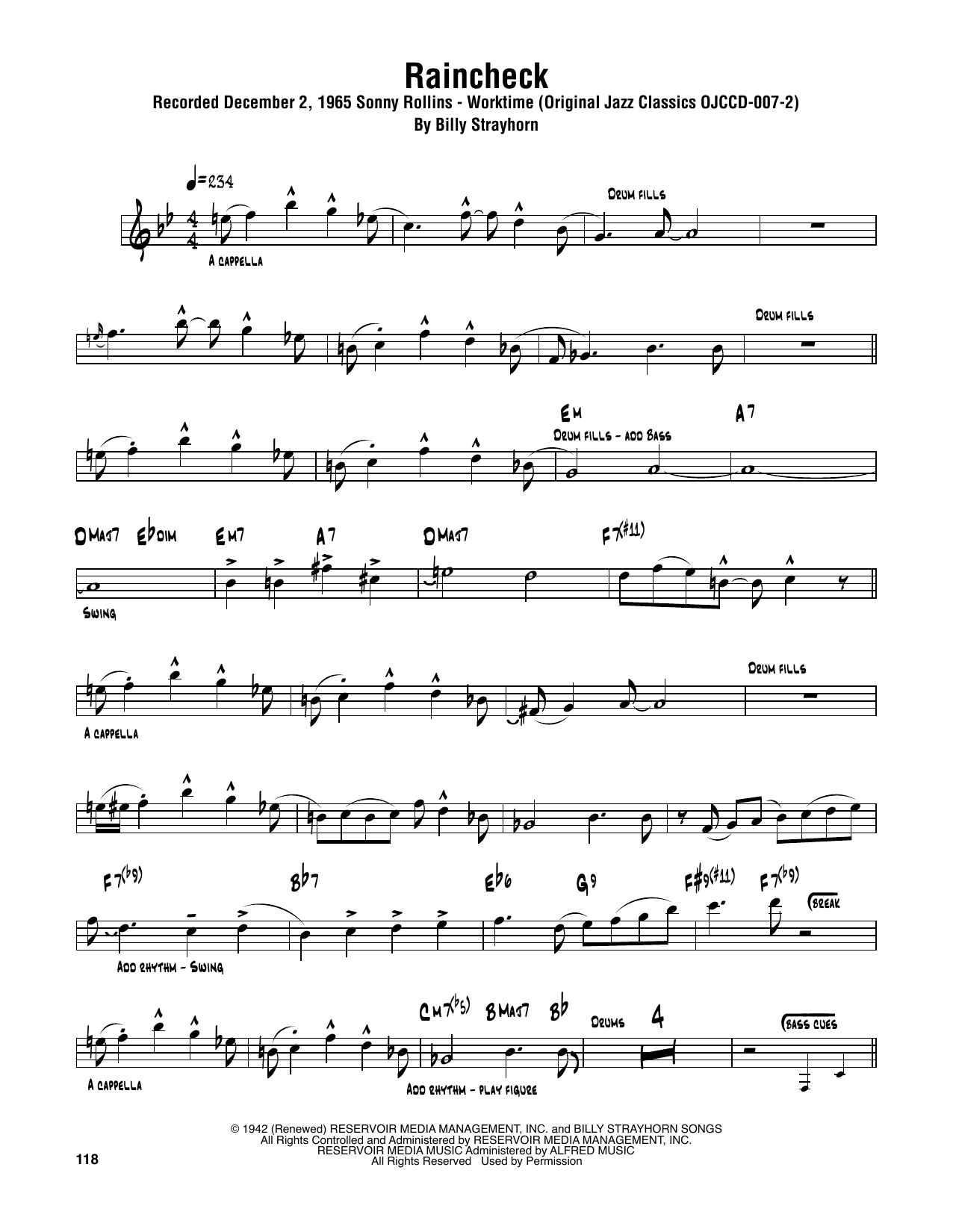 Sonny Rollins Raincheck sheet music notes and chords. Download Printable PDF.