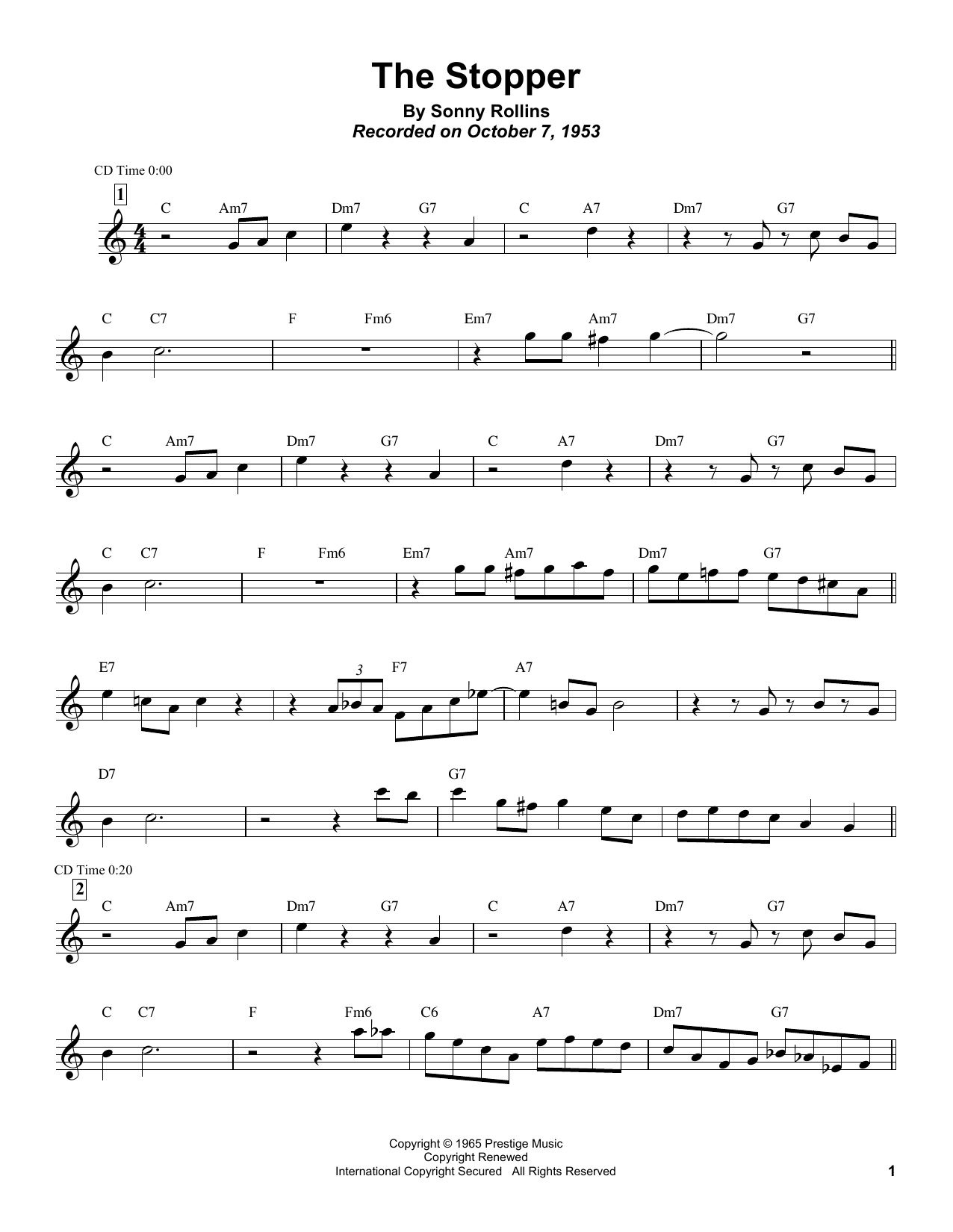 Sonny Rollins The Stopper sheet music notes and chords. Download Printable PDF.