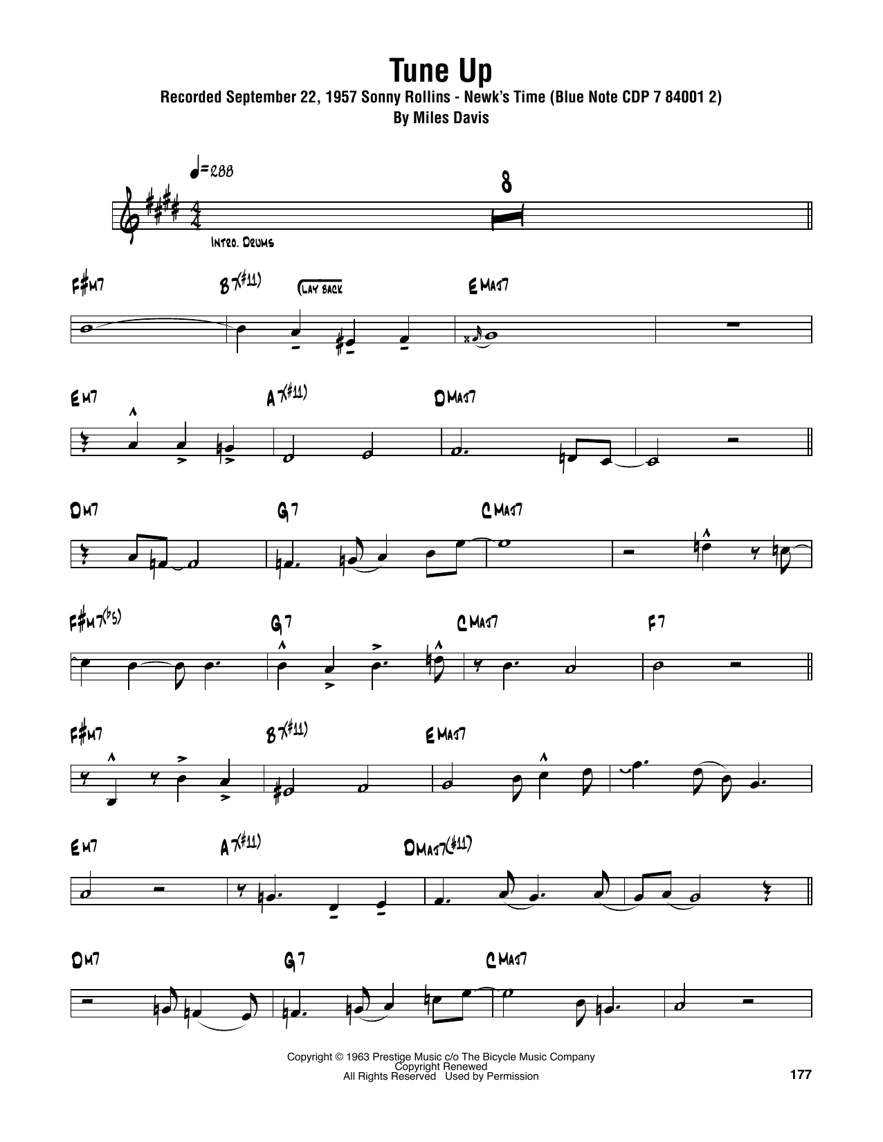 Sonny Rollins Tune Up sheet music notes and chords. Download Printable PDF.