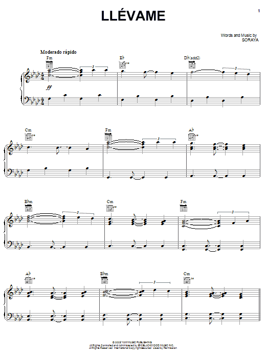 Soraya Llevame sheet music notes and chords. Download Printable PDF.