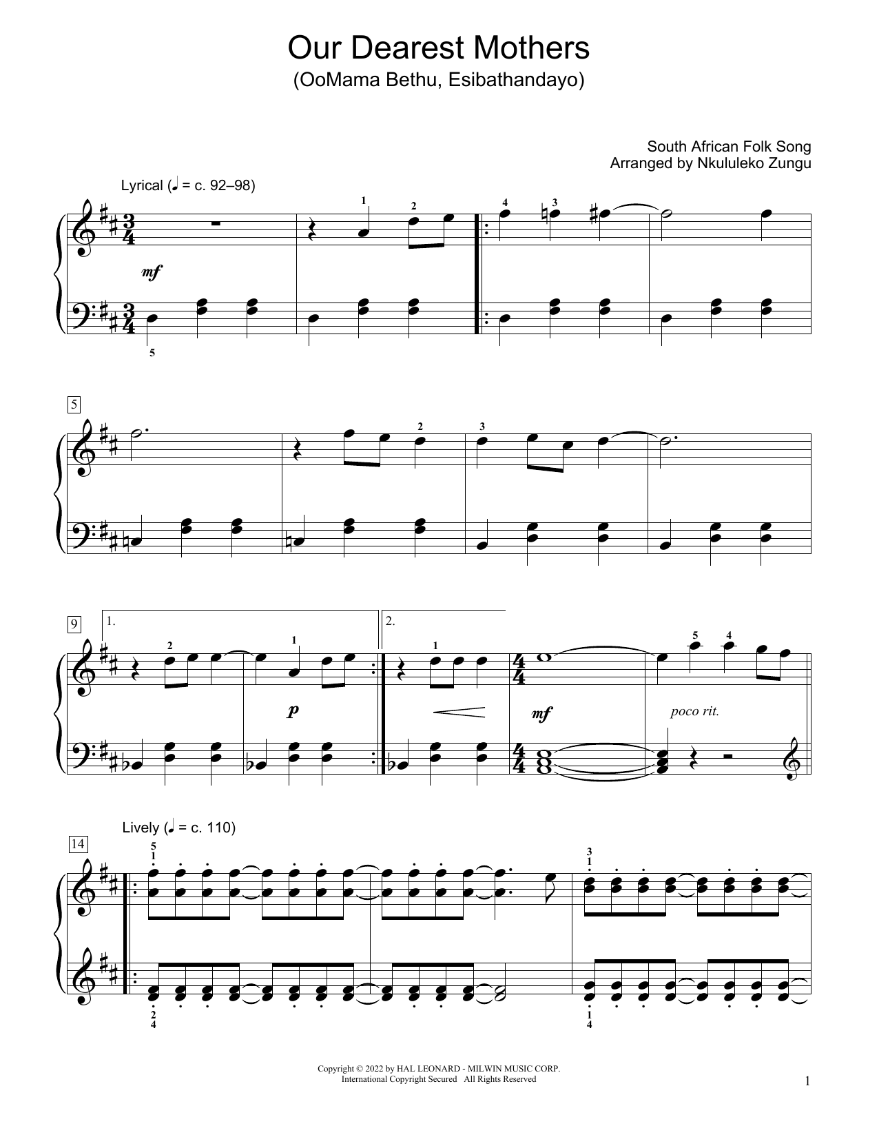 Learn to play South African folk song Our Dearest Mothers (Oomama Bethu Esibathandayo) (arr. Nkululeko Zungu) sheet music for Educational Piano in minutes. Price: 6.9900$ South African folk song Our Dearest Mothers (Oomama Bethu Esibathandayo) (arr. Nkululeko Zungu) sheet music notes and chords arranged for Educational Piano