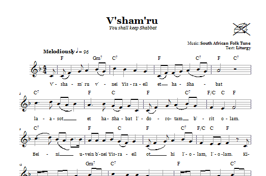 Learn to play South African Folksong V'sham'ru (You Shall Keep Shabbat) sheet music for Lead Sheet / Fake Book in minutes. Price: 5.9900$ South African Folksong V'sham'ru (You Shall Keep Shabbat) sheet music notes and chords arranged for Lead Sheet / Fake Book