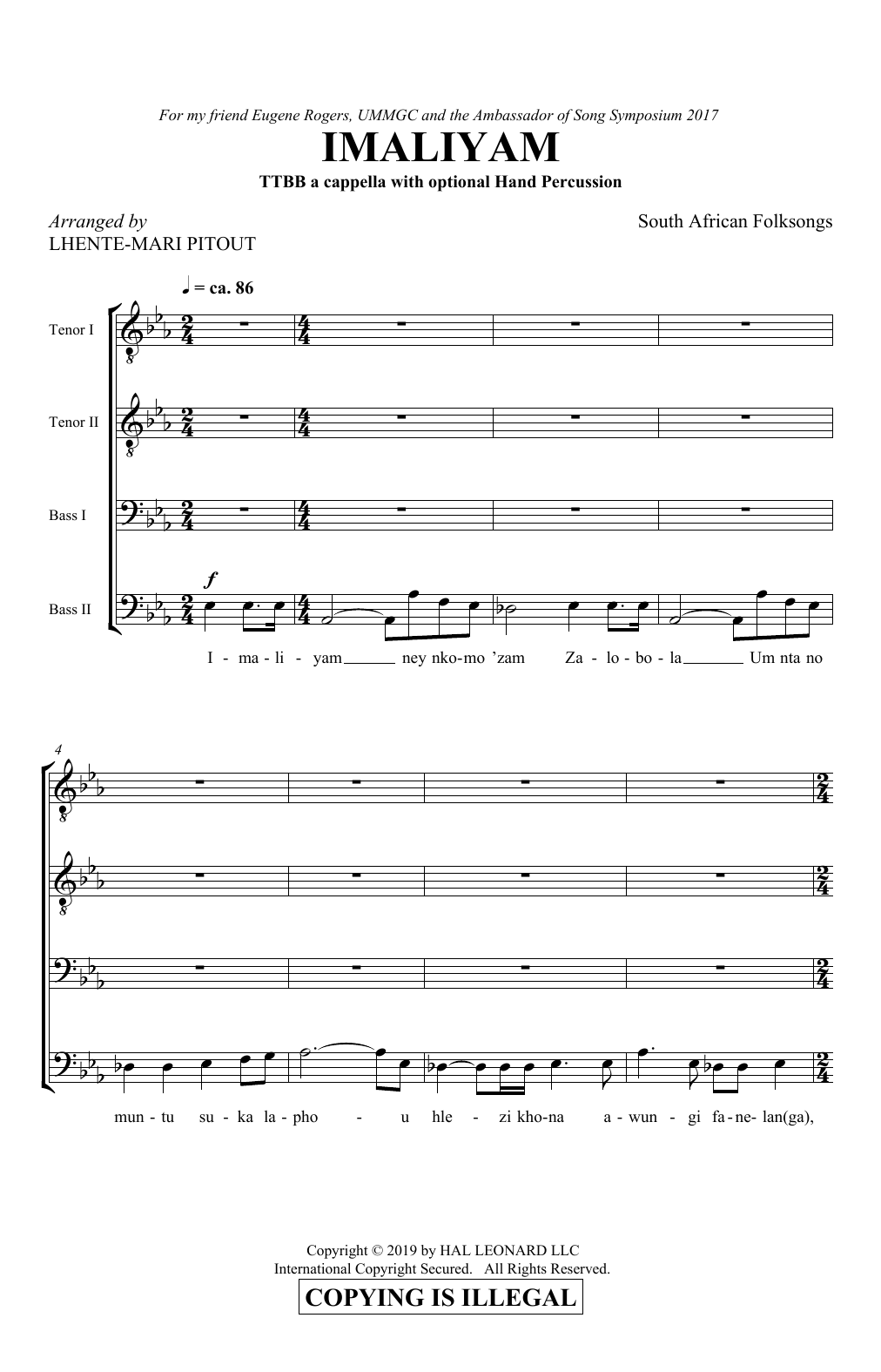 Learn to play South African Folksong Imaliyam (arr. Lhente-Mari Pitout) sheet music for TTBB Choir in minutes. Price: 3.9900$ South African Folksong Imaliyam (arr. Lhente-Mari Pitout) sheet music notes and chords arranged for TTBB Choir
