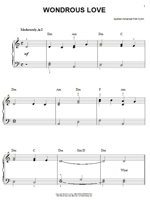 Southern American Folksong Wondrous Love sheet music notes and chords. Download Printable PDF.