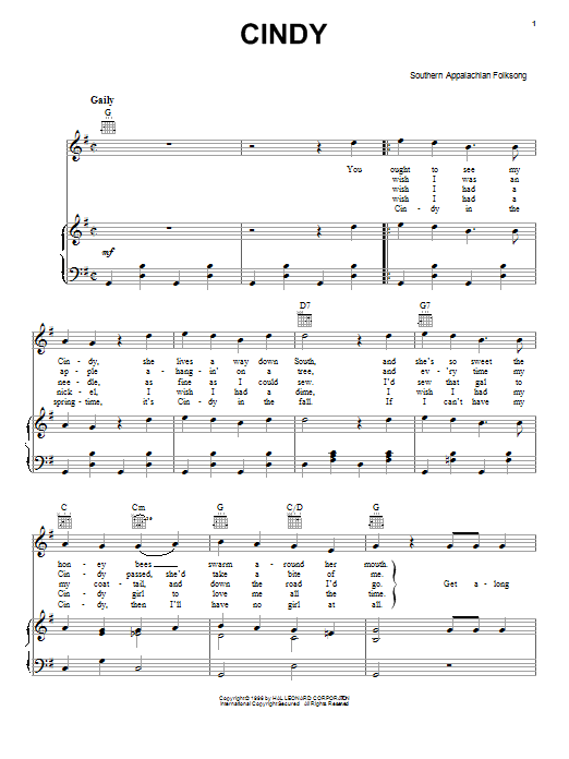 Traditional American Folksong Cindy, Get On Board! sheet music notes and chords. Download Printable PDF.