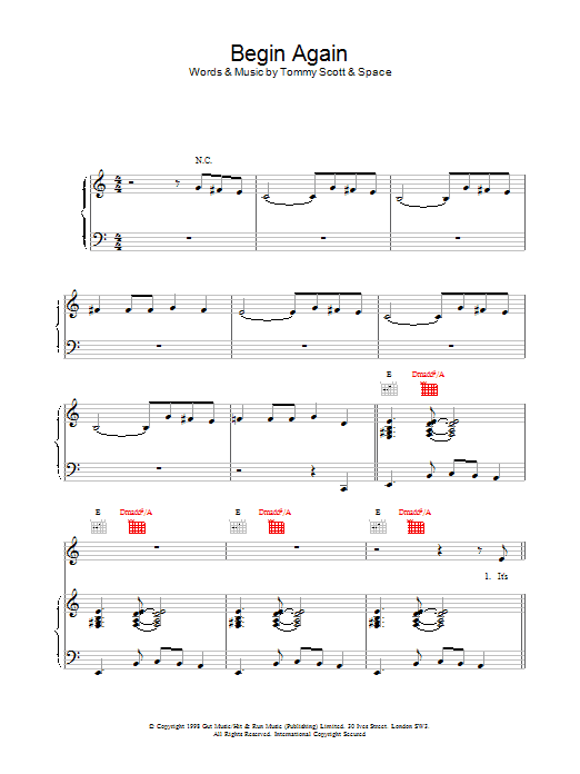 Space Begin Again sheet music notes and chords. Download Printable PDF.