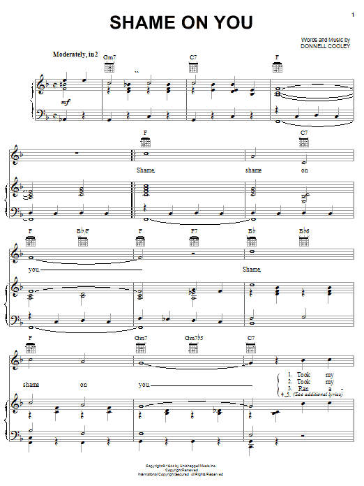 Preview Spade Cooley Shame On You Country sheet music, notes and chords for Piano, Vocal & Guitar (Right-Hand Melody), SKU: 19874 sheet music, piano notes, chords, guitar tabs, score, transpose, transcribe, how to play, guide, download, learn, tutorial, progression, song, artist, awards, billboard, mtv, vh1, tour, single, album, release