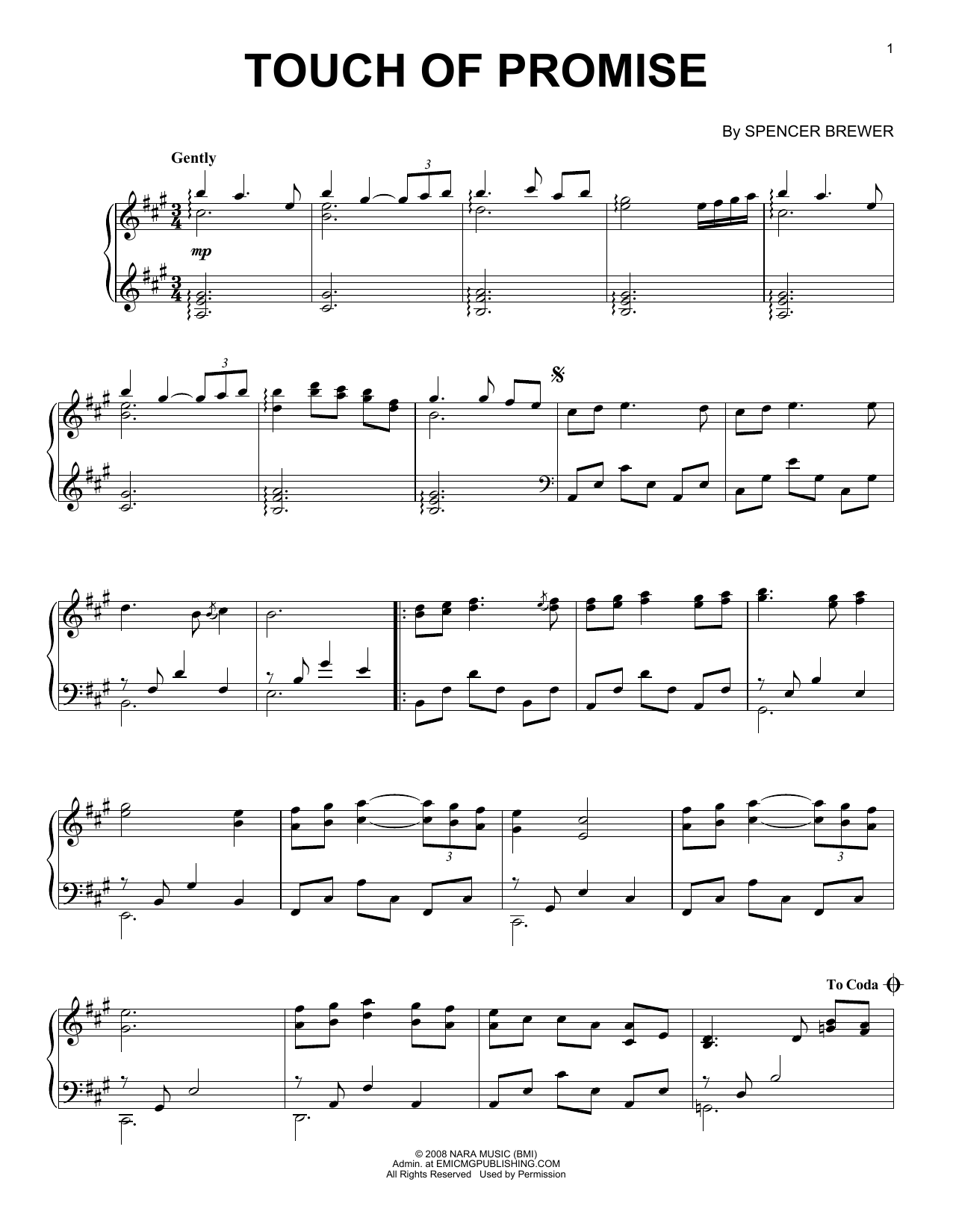 Spencer Brewer Touch Of Promise sheet music notes and chords. Download Printable PDF.