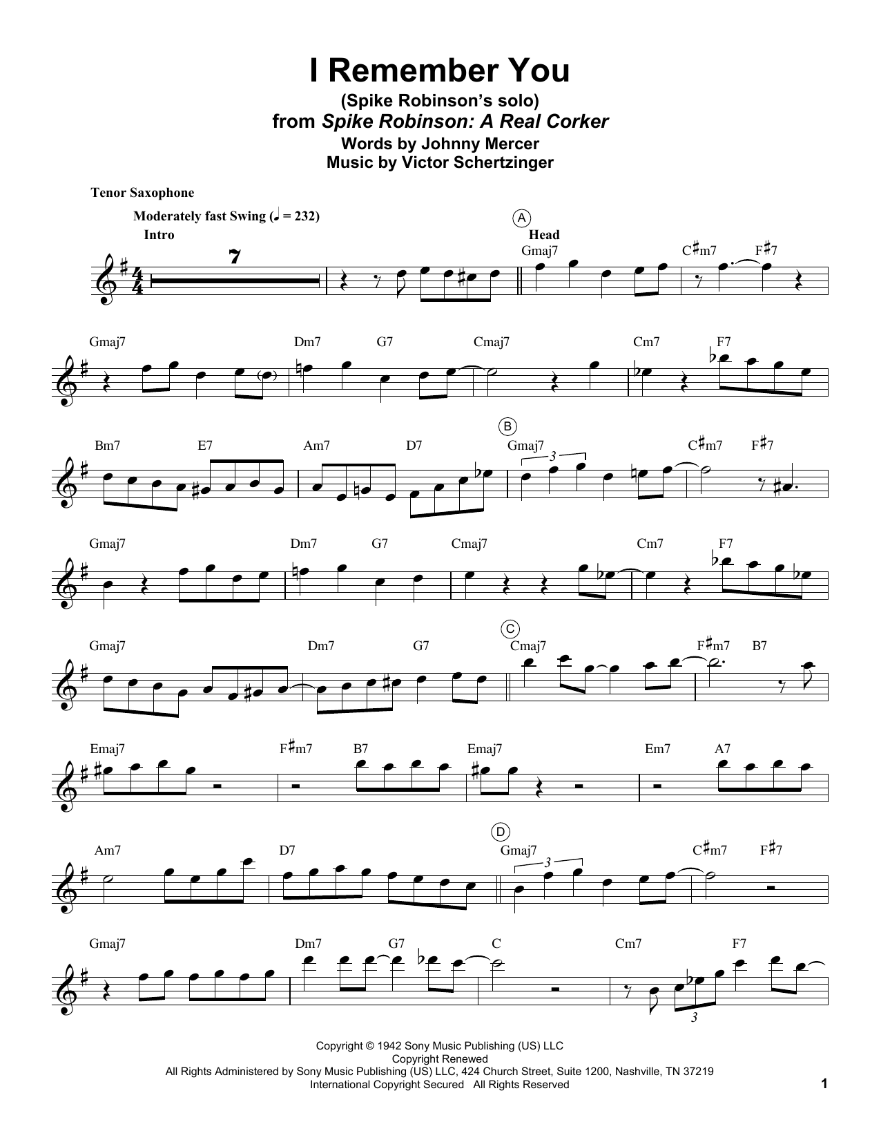 Spike Robinson I Remember You sheet music notes and chords. Download Printable PDF.