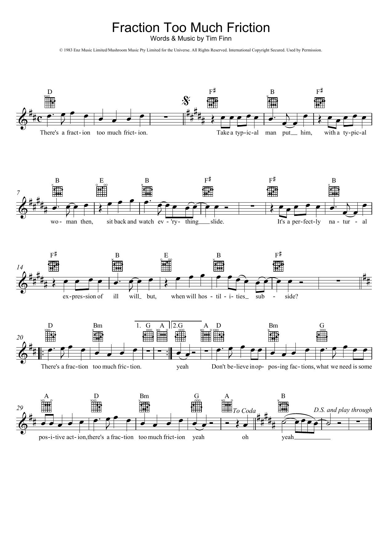 Learn to play Split Enz Fraction Too Much Friction sheet music for Lead Sheet / Fake Book in minutes. Price: 5.9900$ Split Enz Fraction Too Much Friction sheet music notes and chords arranged for Lead Sheet / Fake Book