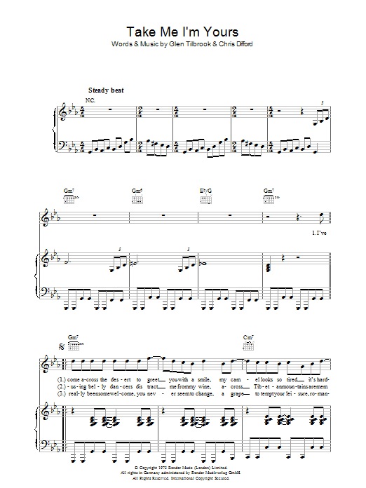 Learn to play Squeeze Take Me I'm Yours sheet music for Guitar Chords/Lyrics in minutes. Price: 5.8900$ Squeeze Take Me I'm Yours sheet music notes and chords. Download Printable PDF.