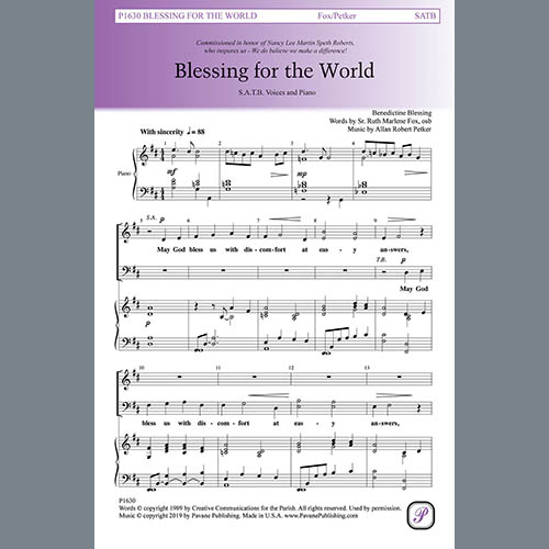 Sr. Ruth Marlene Fox and Allan Robert Petker Download Printable PDF Score Easily Download Sr. Ruth Marlene Fox and Allan Robert Petker Printable PDF piano music notes, guitar tabs for SATB Choir. Transpose or transcribe this score in no time - Learn how to play song progression.