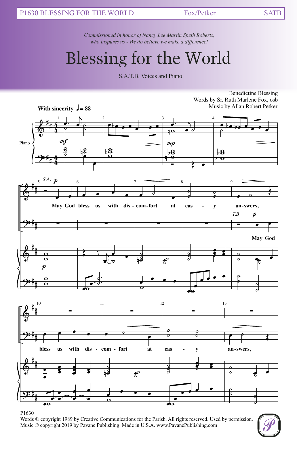 Learn to play Sr. Ruth Marlene Fox and Allan Robert Petker Blessing For The World sheet music for SATB Choir in minutes. Price: 3.9900$ Sr. Ruth Marlene Fox and Allan Robert Petker Blessing For The World sheet music notes and chords arranged for SATB Choir