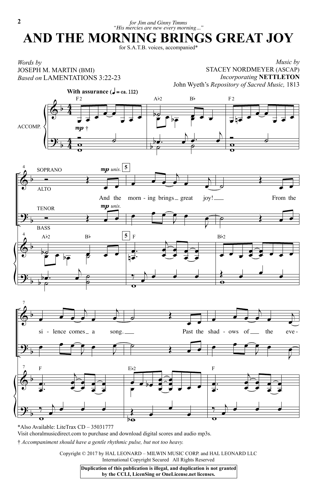 Learn to play Stacey Nordmeyer And The Morning Brings Great Joy sheet music for SATB Choir in minutes. Price: 3.9900$ Stacey Nordmeyer And The Morning Brings Great Joy sheet music notes and chords arranged for SATB Choir
