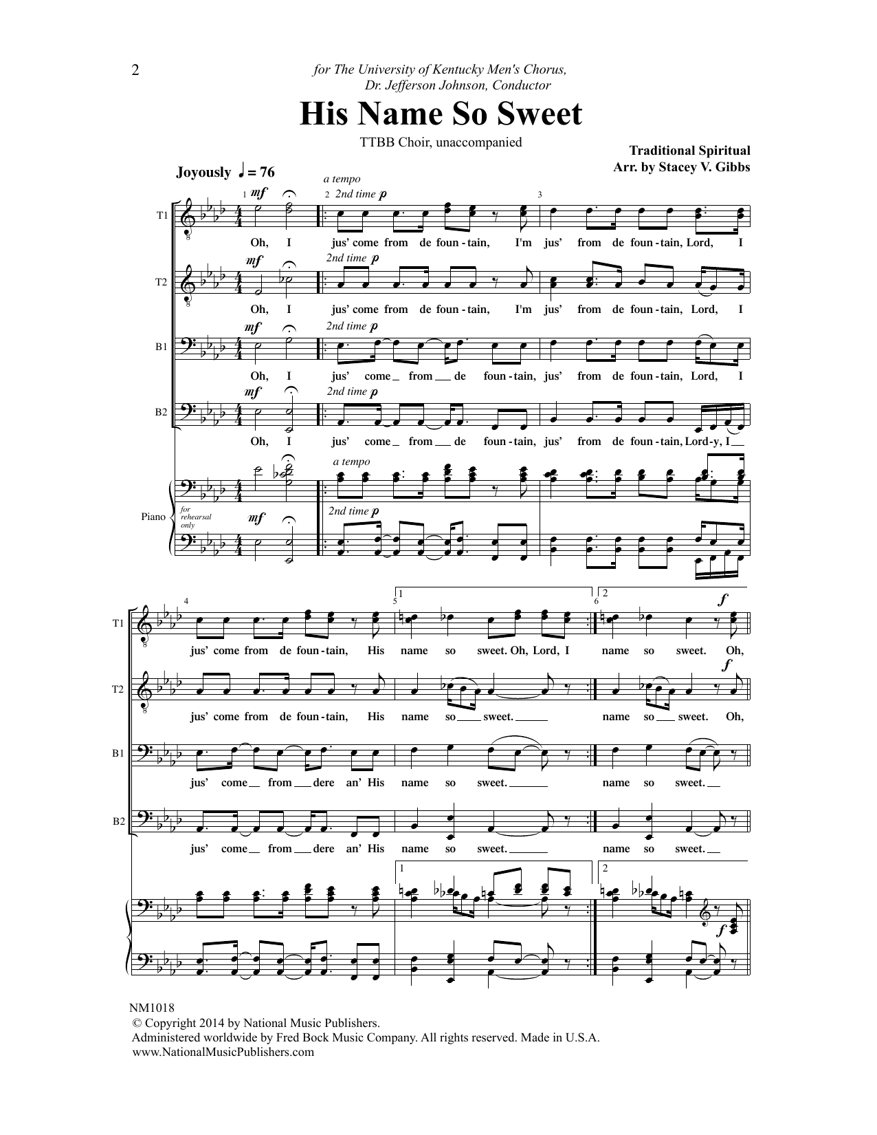 Learn to play Stacey V. Gibbs His Name So Sweet sheet music for TTBB Choir in minutes. Price: 3.9900$ Stacey V. Gibbs His Name So Sweet sheet music notes and chords arranged for TTBB Choir