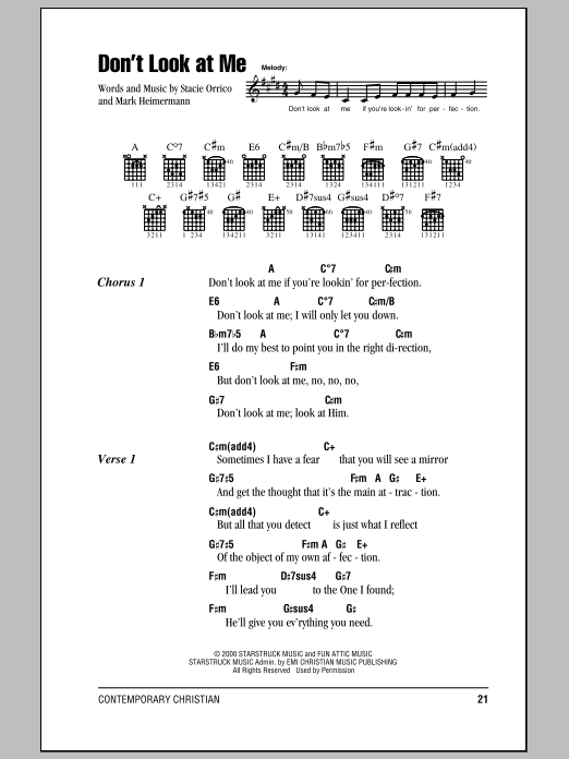 Learn to play Stacie Orrico Don't Look At Me sheet music for Guitar Chords/Lyrics in minutes. Stacie Orrico Don't Look At Me sheet music notes and chords. Download Printable PDF.