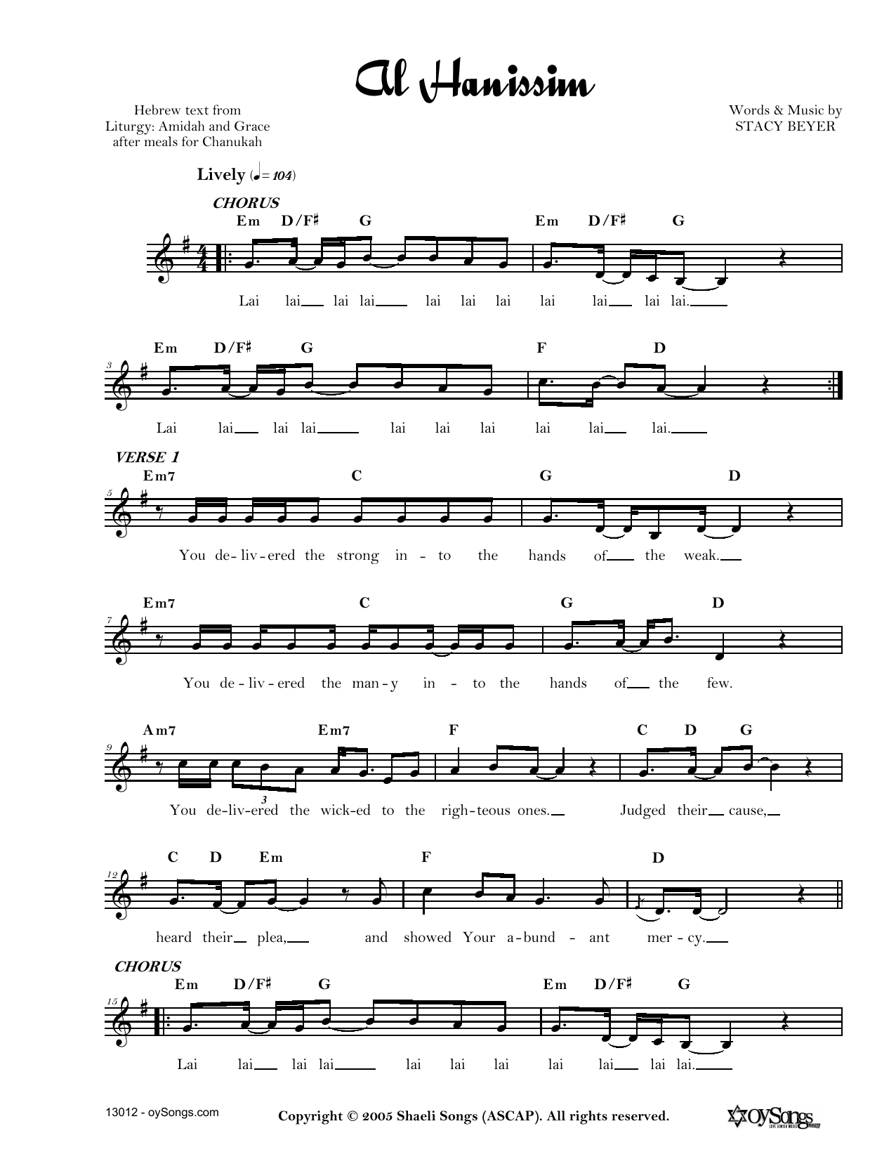 Stacy Beyer Al Hanissim sheet music notes and chords. Download Printable PDF.