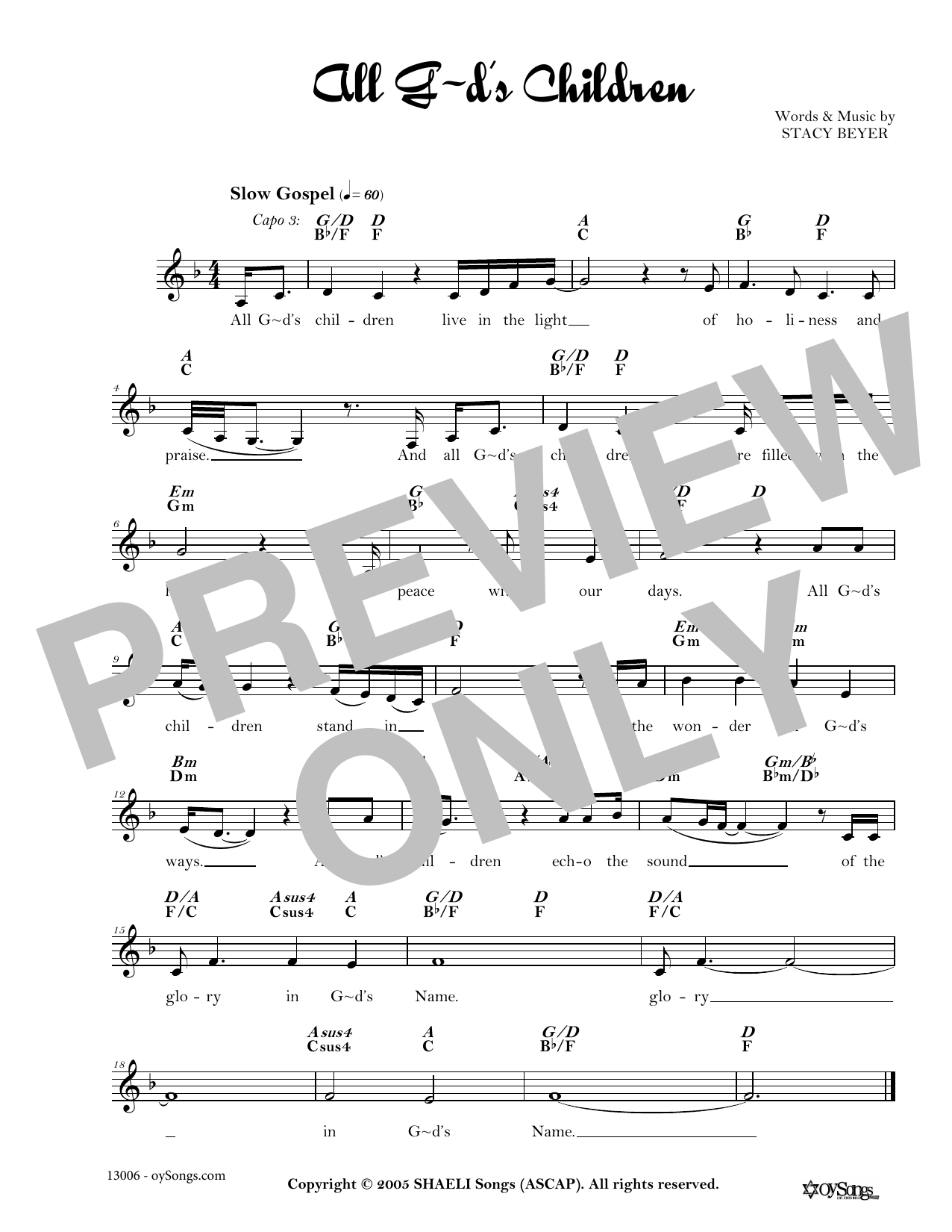 Learn to play Stacy Beyer All God's Children sheet music for Lead Sheet / Fake Book in minutes. Price: 5.9900$ Stacy Beyer All God's Children sheet music notes and chords arranged for Lead Sheet / Fake Book