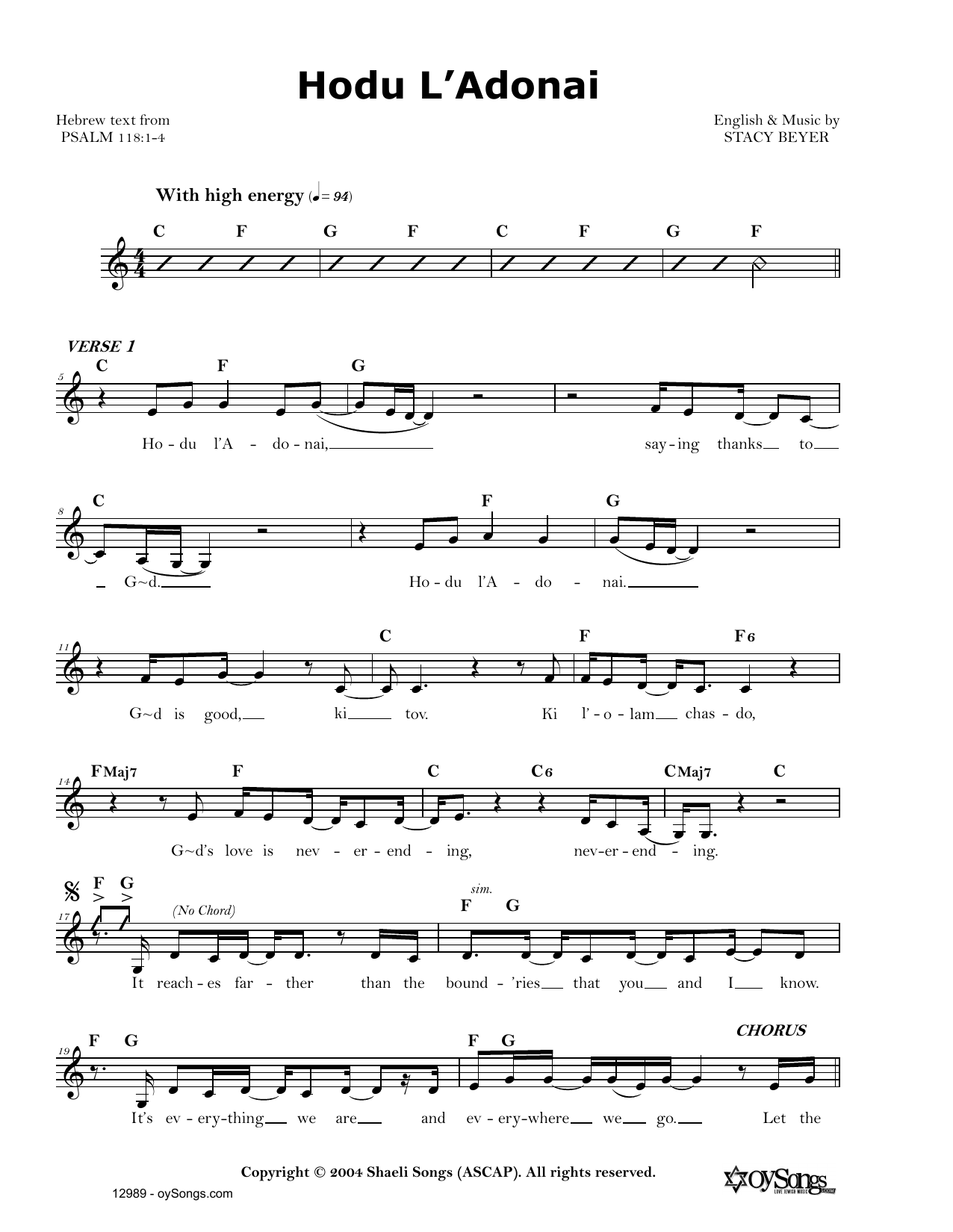 Stacy Beyer Hodu L Adonai Sheet Music Pdf Notes Chords Traditional Score Real Book Melody Lyrics Chords Download Printable Sku 185746