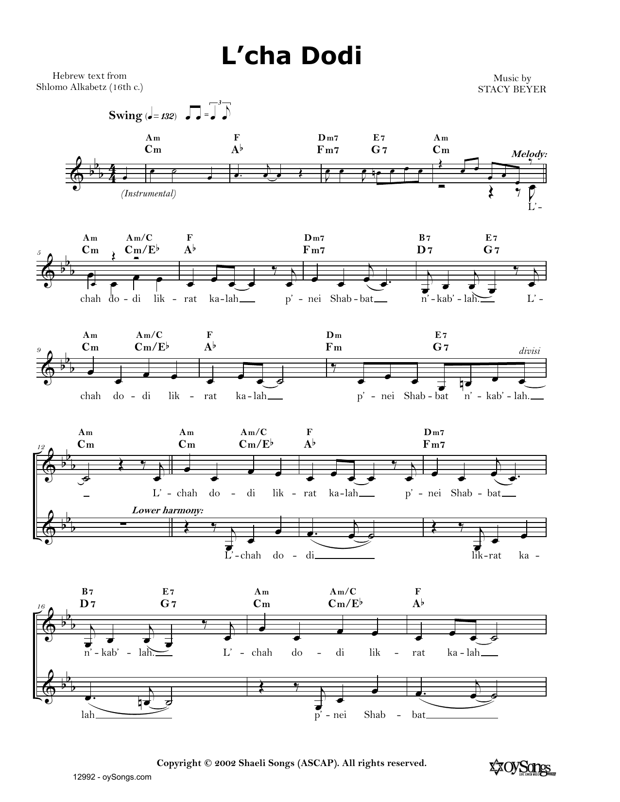 Stacy Beyer L'chah Dodi sheet music notes and chords. Download Printable PDF.