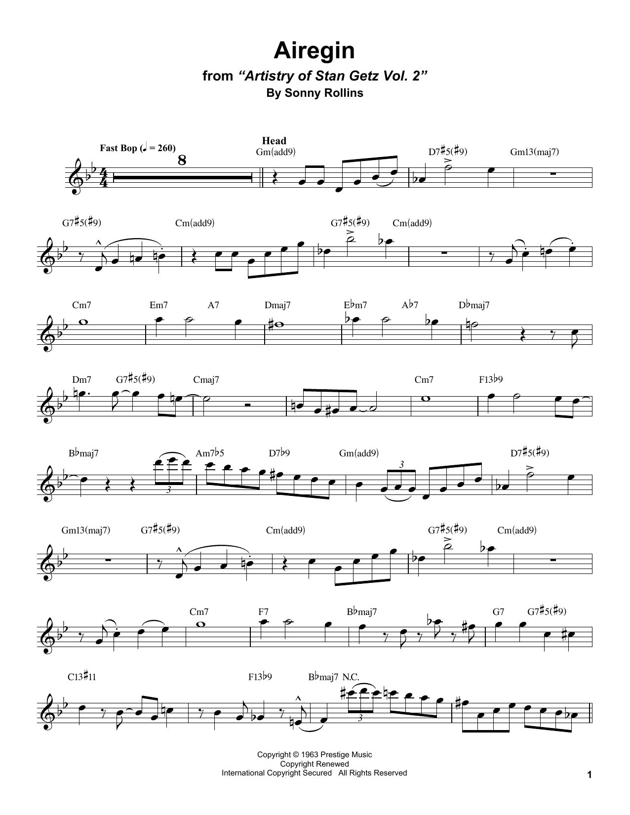 Stan Getz Airegin sheet music notes and chords. Download Printable PDF.