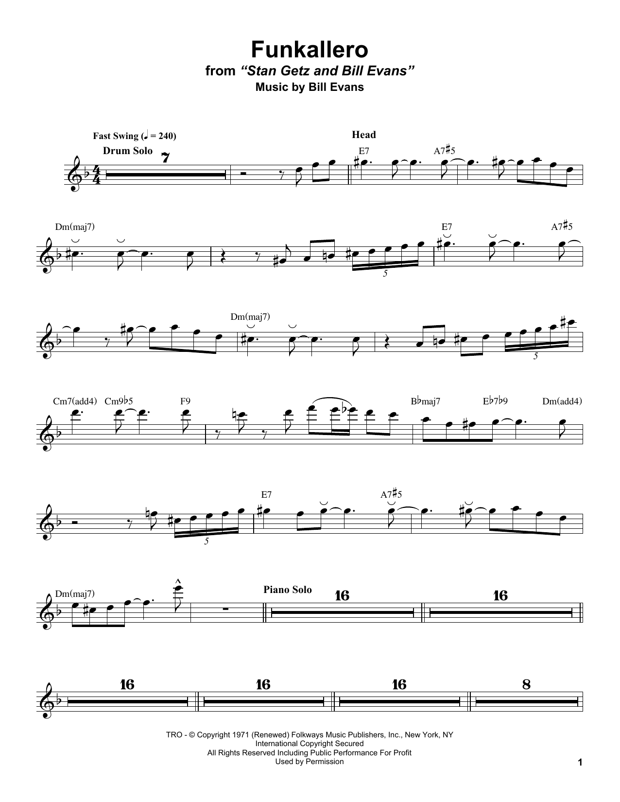 Stan Getz Funkallero sheet music notes and chords. Download Printable PDF.