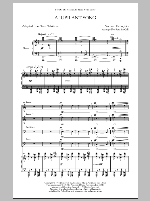 Norman Dello Joio A Jubilant Song (arr. Stan McGill) sheet music notes and chords. Download Printable PDF.