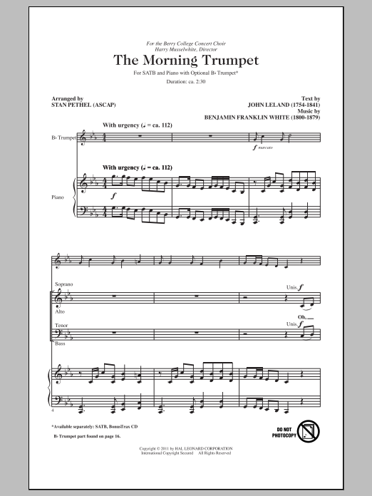 Learn to play Benjamin Franklin White The Morning Trumpet (arr. Stan Pethel) sheet music for SATB Choir in minutes. Price: 3.9900$ Benjamin Franklin White The Morning Trumpet (arr. Stan Pethel) sheet music notes and chords arranged for SATB Choir