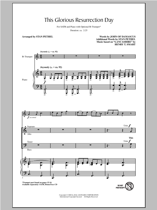 Learn to play Stan Pethel This Glorious Resurrection Day sheet music for SATB Choir in minutes. Price: 3.9900$ Stan Pethel This Glorious Resurrection Day sheet music notes and chords arranged for SATB Choir