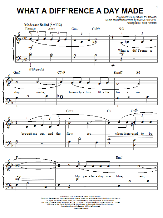 Stanley Adams What A Diff'rence A Day Made (arr. Phillip Keveren) sheet music notes and chords. Download Printable PDF.