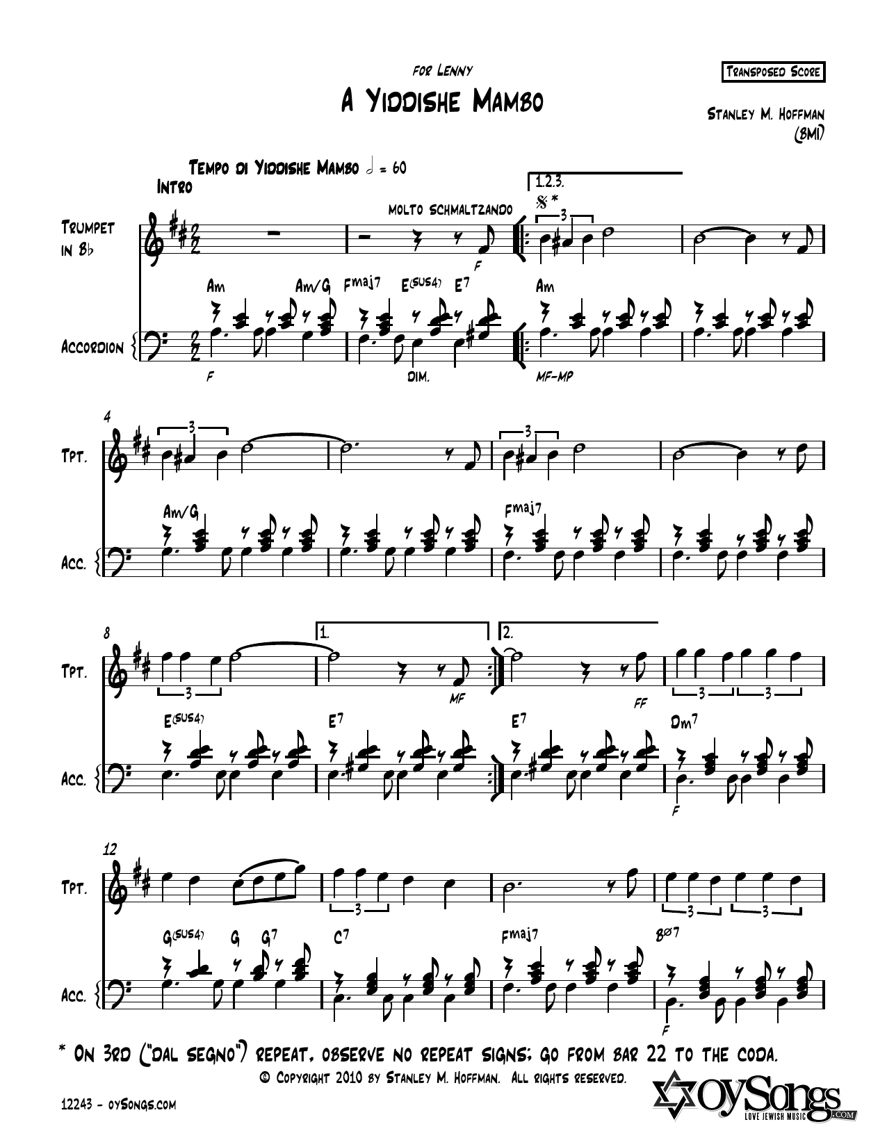 Learn to play Stanley F. Hoffman A Yiddishe Mambo sheet music for Instrumental Duet in minutes. Price: 5.9900$ Stanley F. Hoffman A Yiddishe Mambo sheet music notes and chords arranged for Instrumental Duet