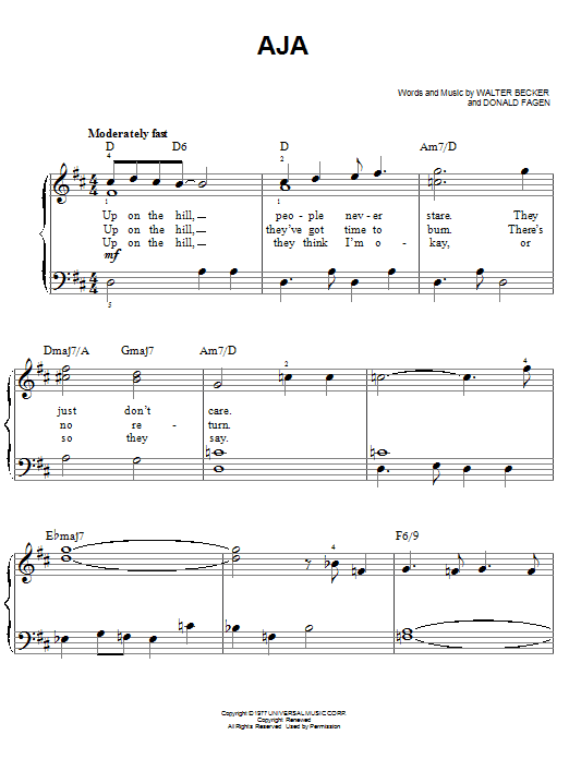 Learn to play Steely Dan Aja sheet music for Easy Piano in minutes. Price: 6.9900$ Steely Dan Aja sheet music notes and chords arranged for Easy Piano