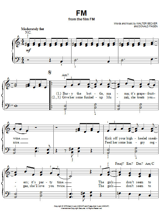 Learn to play Steely Dan FM sheet music for Easy Piano in minutes. Price: 6.9900$ Steely Dan FM sheet music notes and chords arranged for Easy Piano