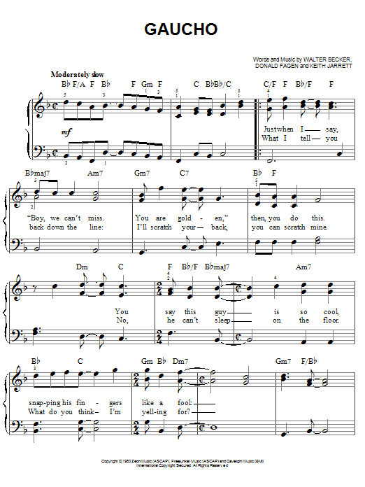 Learn to play Steely Dan Gaucho sheet music for Easy Piano in minutes. Price: 6.9900$ Steely Dan Gaucho sheet music notes and chords arranged for Easy Piano