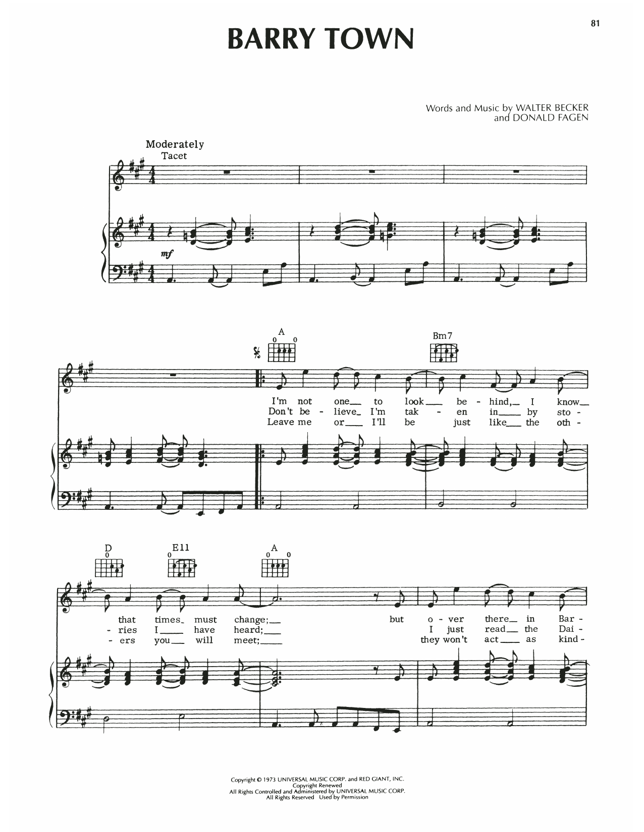 Steely Dan Barry Town sheet music notes and chords. Download Printable PDF.