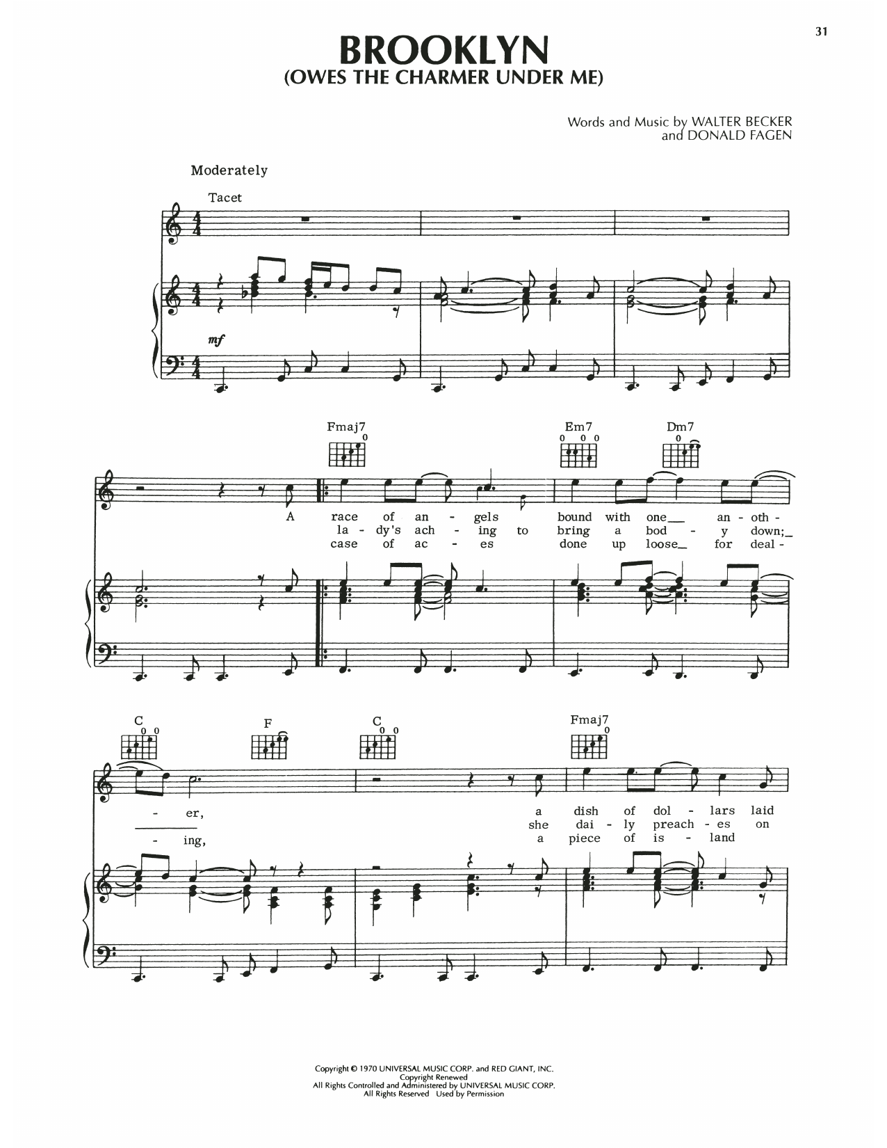 Learn to play Steely Dan Brooklyn (Owes The Charmer Under Me) sheet music for Piano, Vocal & Guitar Chords (Right-Hand Melody) in minutes. Price: 6.9900$ Steely Dan Brooklyn (Owes The Charmer Under Me) sheet music notes and chords arranged for Piano, Vocal & Guitar Chords (Right-Hand Melody)