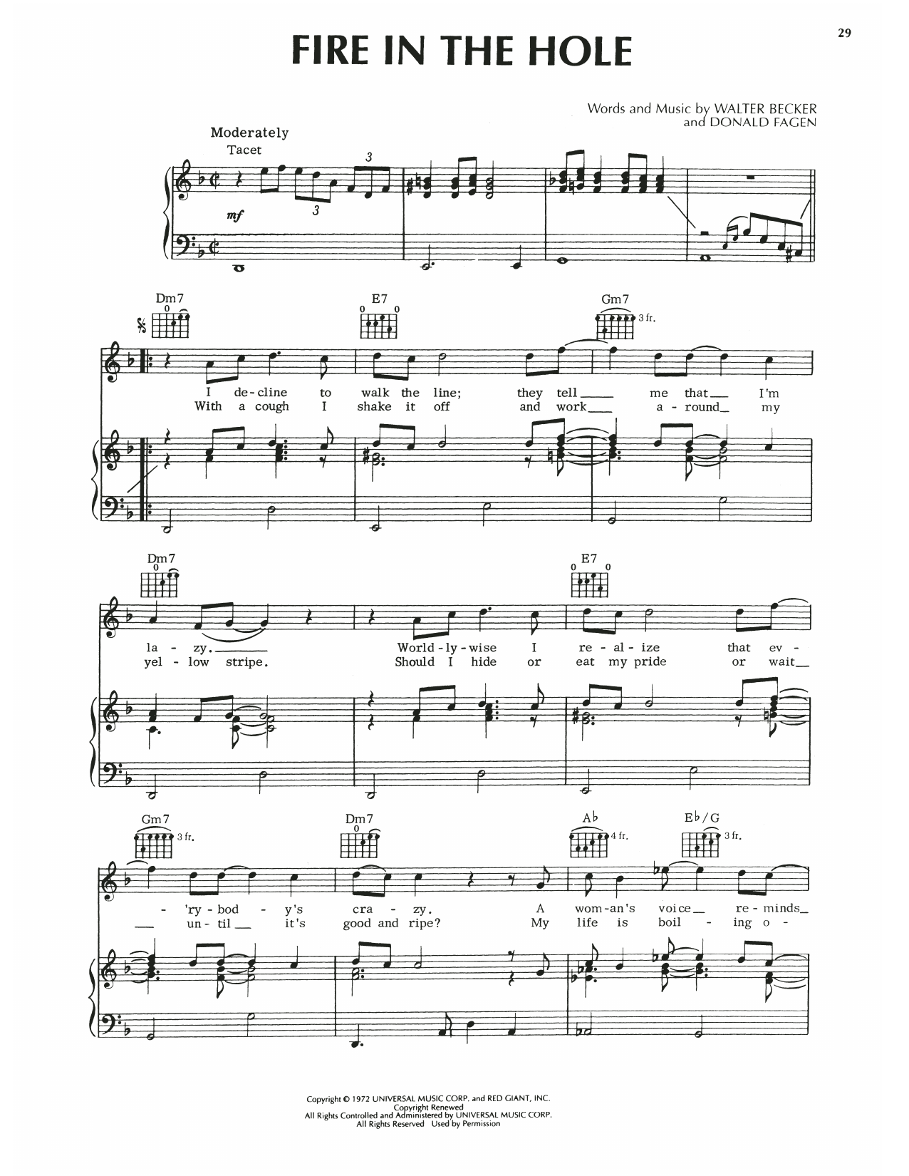 Learn to play Steely Dan Fire In The Hole sheet music for Piano, Vocal & Guitar Chords (Right-Hand Melody) in minutes. Price: 6.9900$ Steely Dan Fire In The Hole sheet music notes and chords arranged for Piano, Vocal & Guitar Chords (Right-Hand Melody)