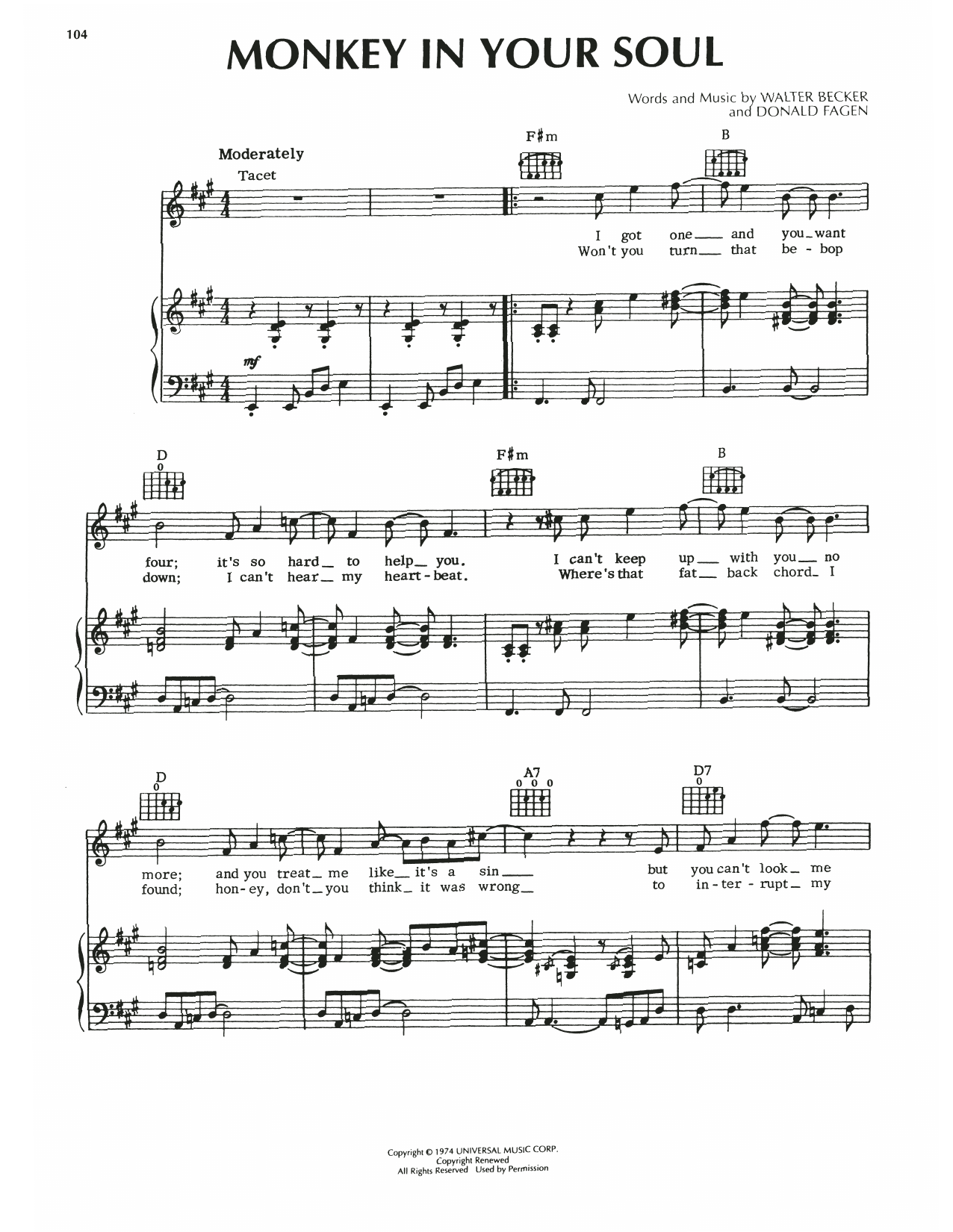 Learn to play Steely Dan Monkey In Your Soul sheet music for Piano, Vocal & Guitar Chords (Right-Hand Melody) in minutes. Price: 6.9900$ Steely Dan Monkey In Your Soul sheet music notes and chords arranged for Piano, Vocal & Guitar Chords (Right-Hand Melody)