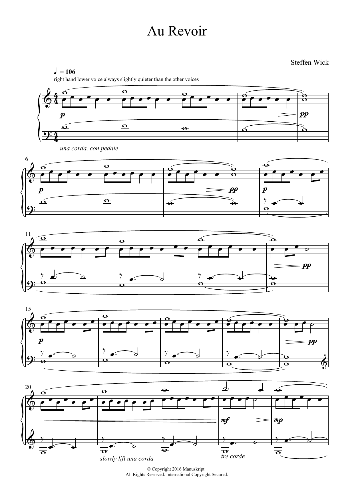 Learn to play Steffen Wick Au Revoir sheet music for Piano Solo in minutes. Steffen Wick Au Revoir sheet music notes and chords. Download Printable PDF.