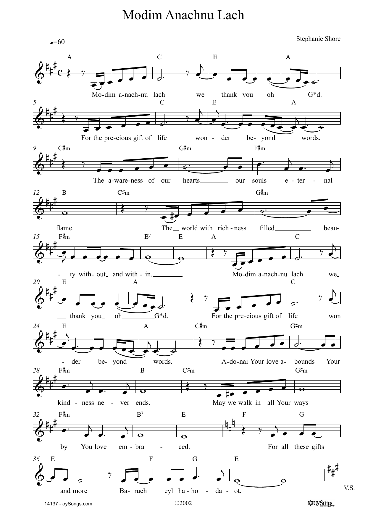 Learn to play Stephanie Shore Modim Anachnu Lach sheet music for Lead Sheet / Fake Book in minutes. Price: 5.9900$ Stephanie Shore Modim Anachnu Lach sheet music notes and chords arranged for Lead Sheet / Fake Book