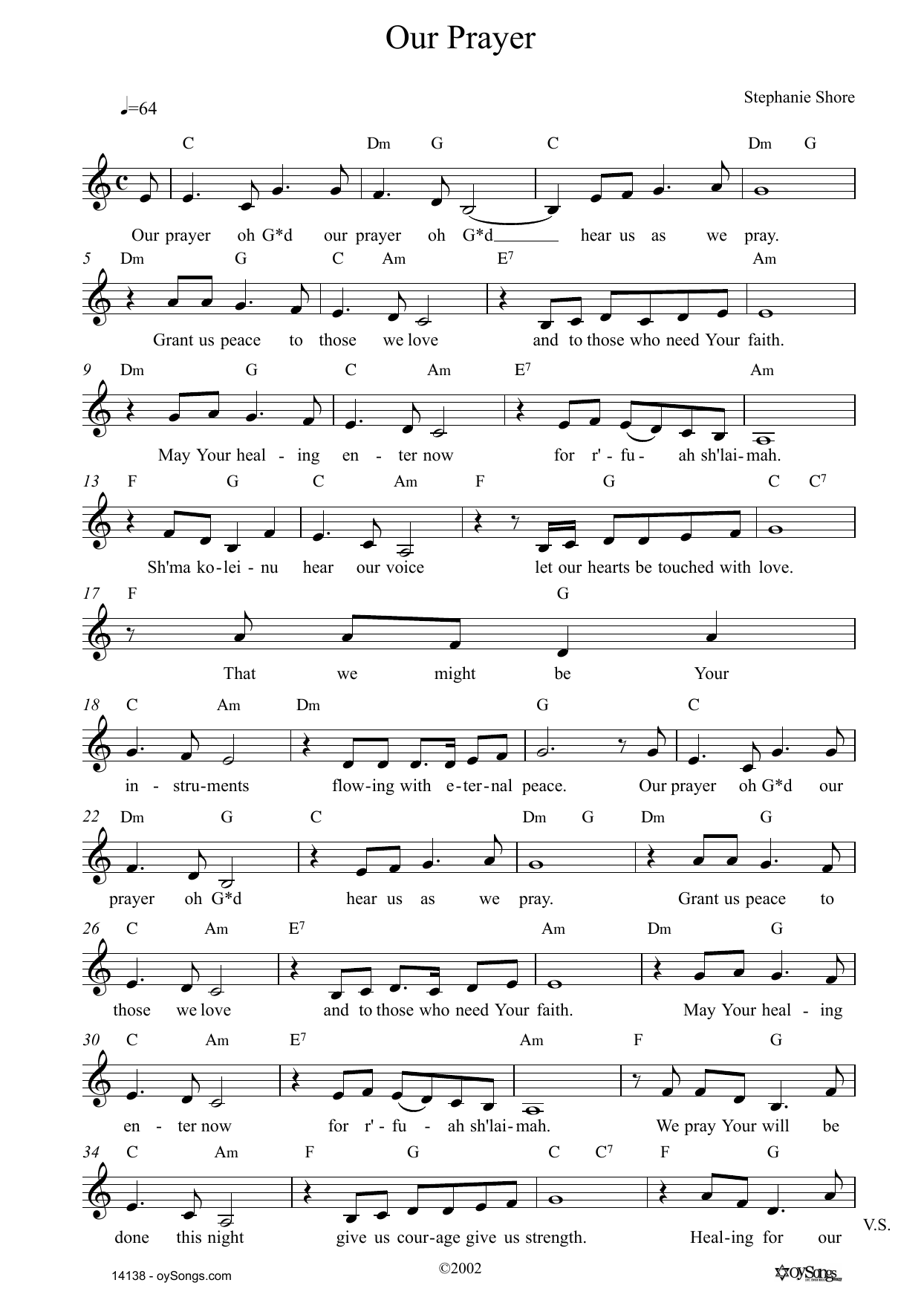 Stephanie Shore Our Prayer sheet music notes and chords. Download Printable PDF.