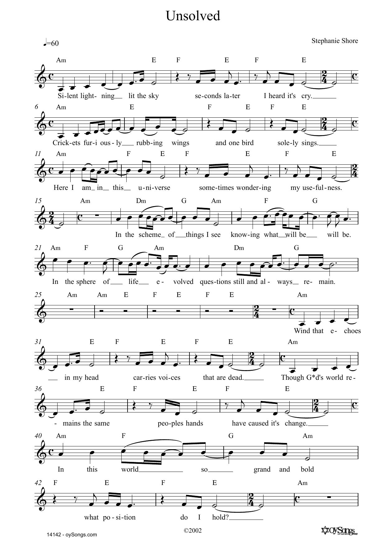 Stephanie Shore Unsolved sheet music notes and chords. Download Printable PDF.