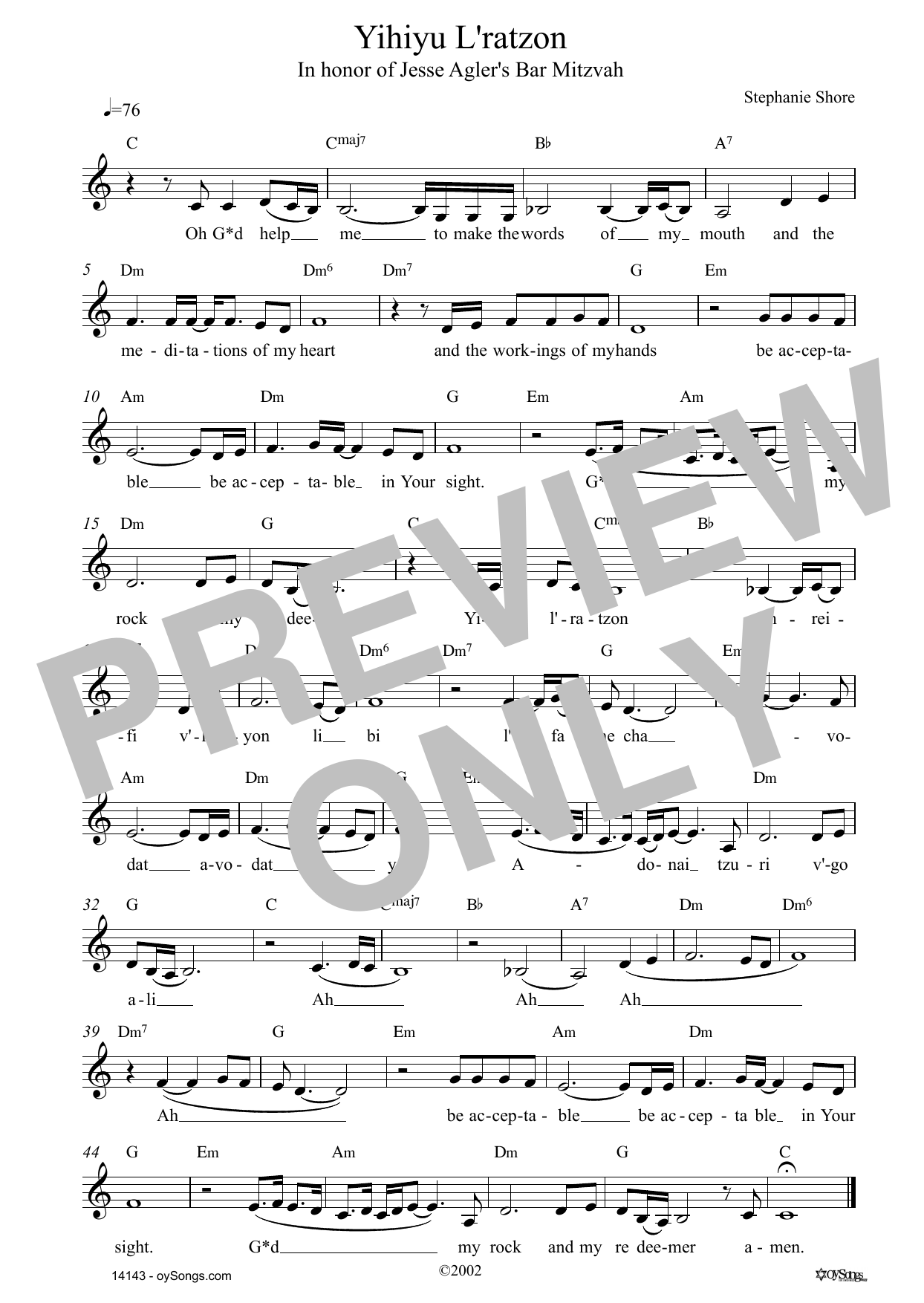 Learn to play Stephanie Shore Yihiyu L'ratzon sheet music for Lead Sheet / Fake Book in minutes. Price: 5.9900$ Stephanie Shore Yihiyu L'ratzon sheet music notes and chords arranged for Lead Sheet / Fake Book
