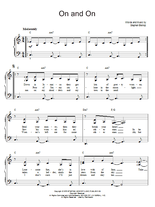 Learn to play Stephen Bishop On And On sheet music for Easy Piano in minutes. Price: 6.9900$ Stephen Bishop On And On sheet music notes and chords arranged for Easy Piano